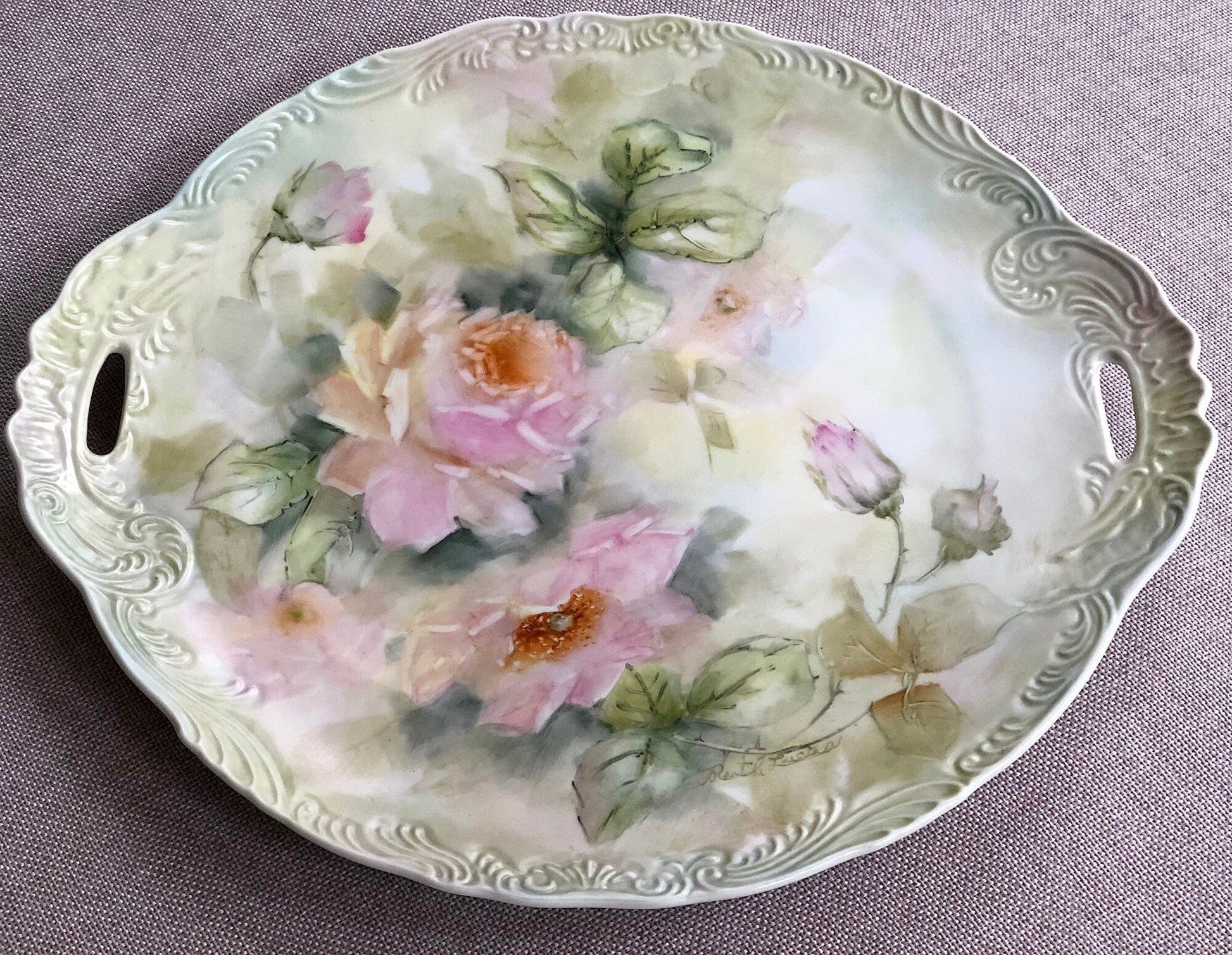 Antique Hand Painted Serving Plate with Gold Lattice. Porcelain Platter with Wild Flowers Motif. - I Bought a Yard Sale