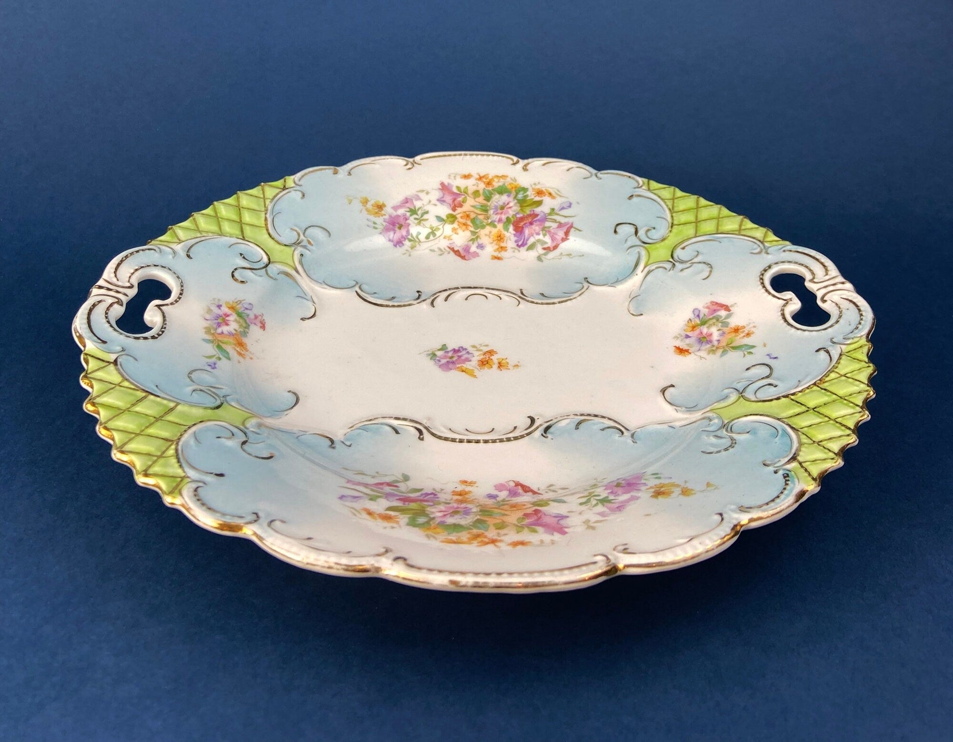 Antique Hand Painted Serving Plate with Gold Lattice. Porcelain Platter with Wild Flowers Motif. - I Bought a Yard Sale