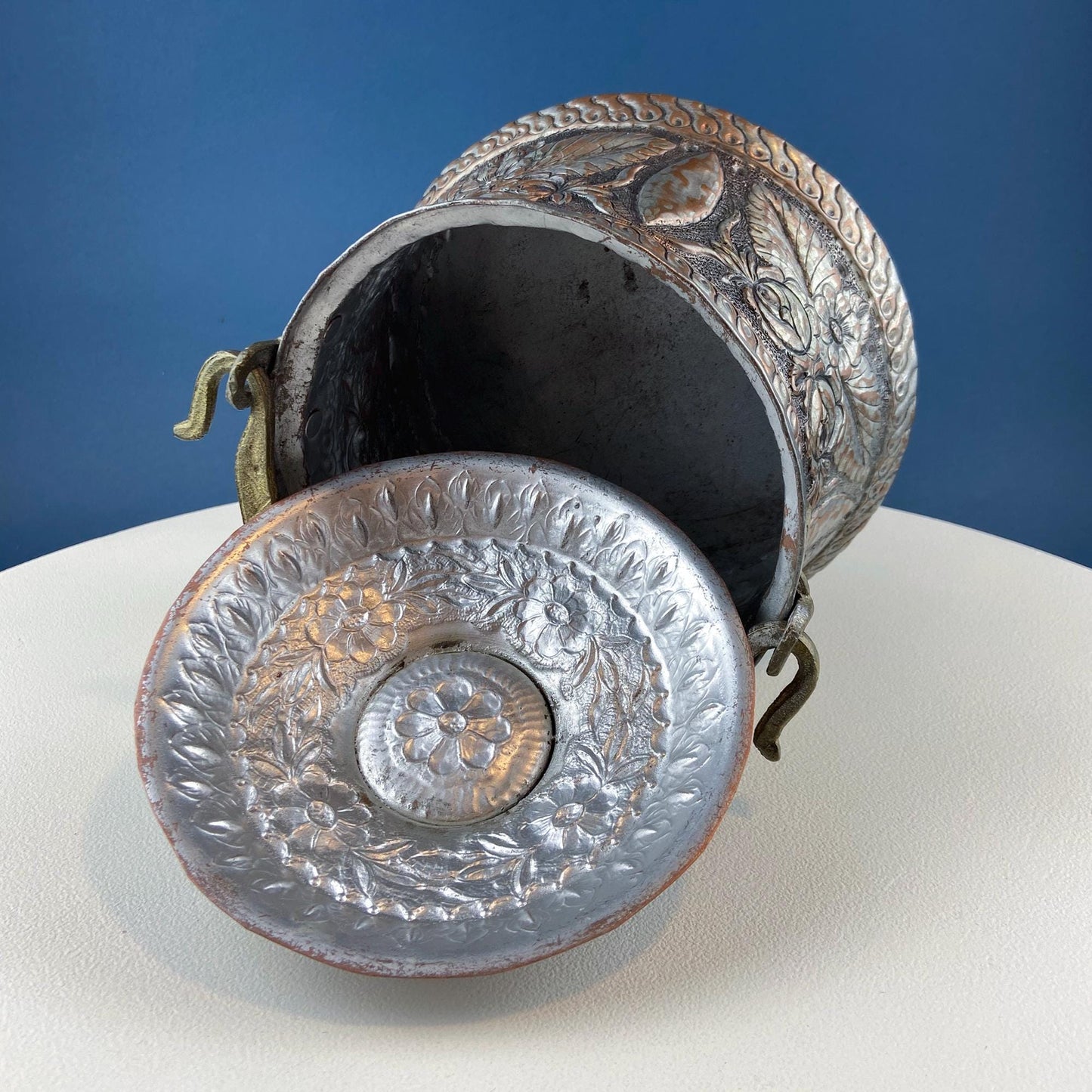 Antique Hand Pounded Copper & Tin Pail Storage Container or Vase with Lid and Brass Handle. Embossed Floral Folk Motif. Ethnic Home Decor. - I Bought a Yard Sale