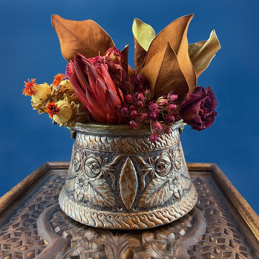 Antique Hand Pounded Copper & Tin Pail Storage Container or Vase with Lid and Brass Handle. Embossed Floral Folk Motif. Ethnic Home Decor. - I Bought a Yard Sale