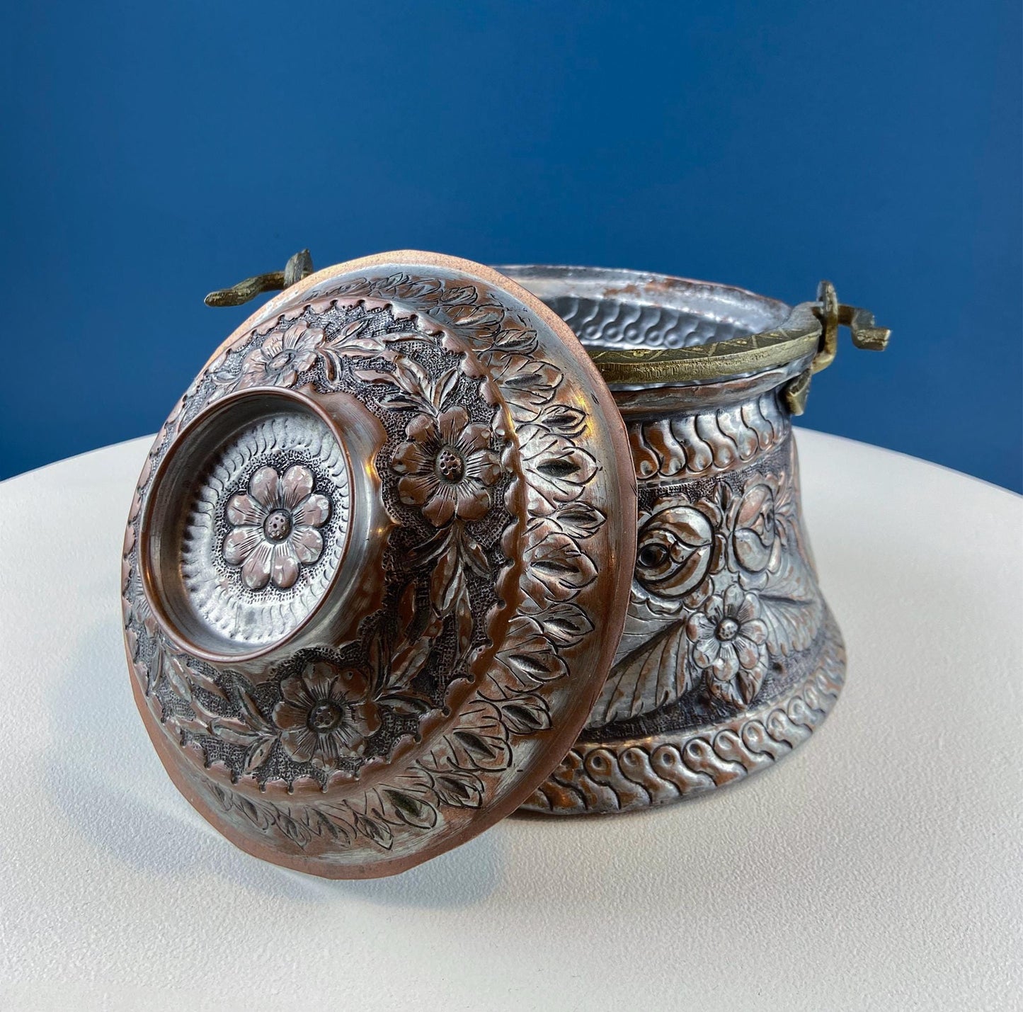 Antique Hand Pounded Copper & Tin Pail Storage Container or Vase with Lid and Brass Handle. Embossed Floral Folk Motif. Ethnic Home Decor. - I Bought a Yard Sale