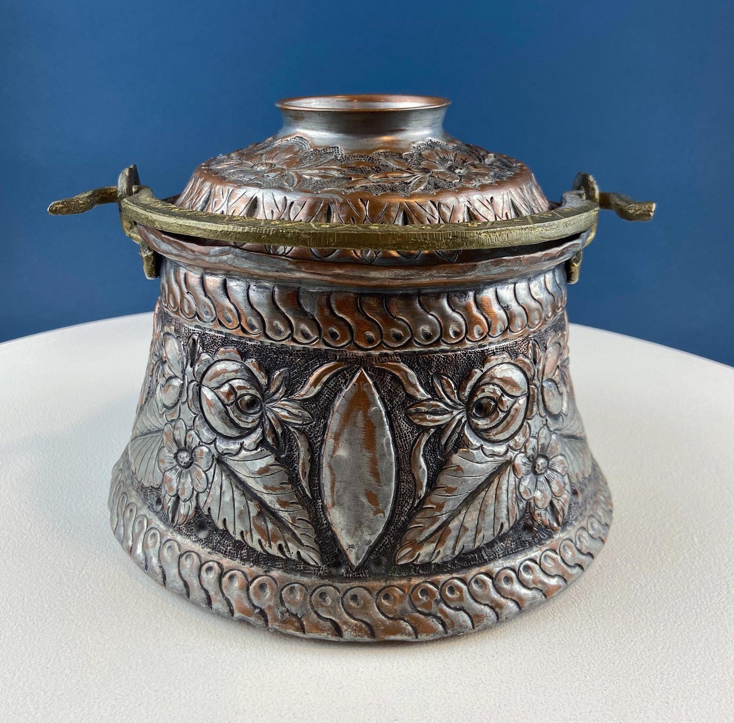 Antique Hand Pounded Copper & Tin Pail Storage Container or Vase with Lid and Brass Handle. Embossed Floral Folk Motif. Ethnic Home Decor. - I Bought a Yard Sale