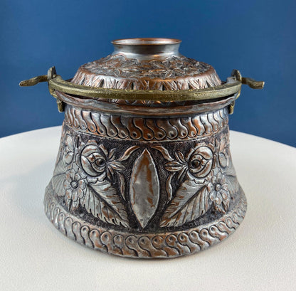 Antique Hand Pounded Copper & Tin Pail Storage Container or Vase with Lid and Brass Handle. Embossed Floral Folk Motif. Ethnic Home Decor. - I Bought a Yard Sale