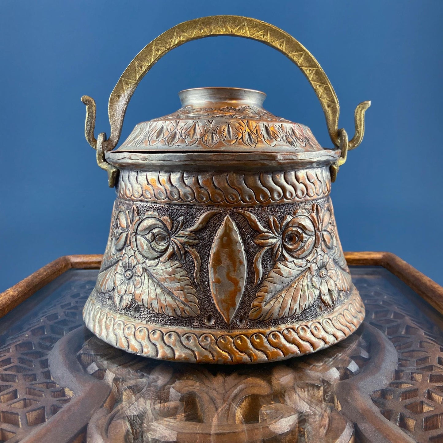 Antique Hand Pounded Copper & Tin Pail Storage Container or Vase with Lid and Brass Handle. Embossed Floral Folk Motif. Ethnic Home Decor. - I Bought a Yard Sale