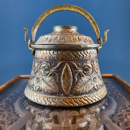 Antique Hand Pounded Copper & Tin Pail Storage Container or Vase with Lid and Brass Handle. Embossed Floral Folk Motif. Ethnic Home Decor. - I Bought a Yard Sale