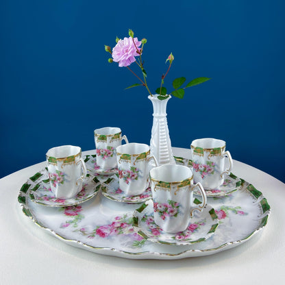 Antique Hot Chocolate or Coco Serving Set. Wild Roses Motif. Oval Hand - Painted Tray & Five Matching Cups. Anniversary Gift. Gift for Mom. - I Bought a Yard Sale