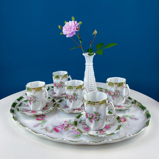 Antique Hot Chocolate or Coco Serving Set. Wild Roses Motif. Oval Hand - Painted Tray & Five Matching Cups. Anniversary Gift. Gift for Mom. - I Bought a Yard Sale