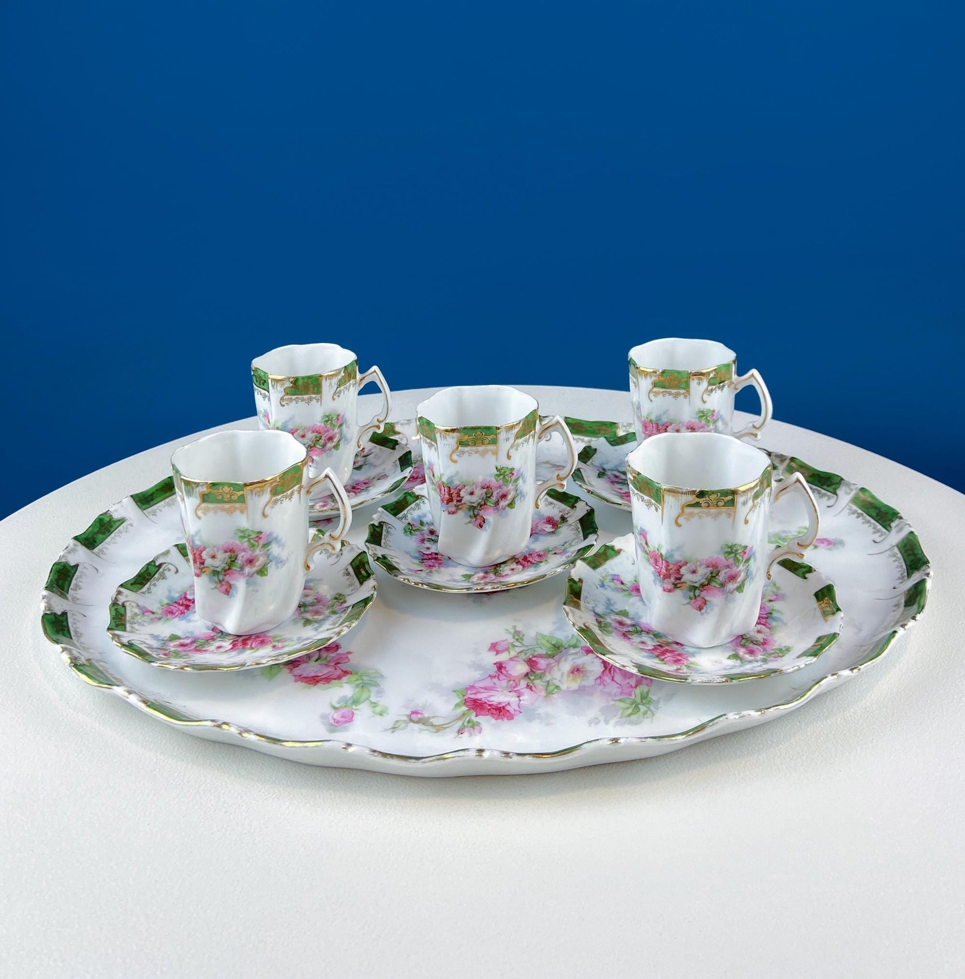 Antique Hot Chocolate or Coco Serving Set. Wild Roses Motif. Oval Hand - Painted Tray & Five Matching Cups. Anniversary Gift. Gift for Mom. - I Bought a Yard Sale