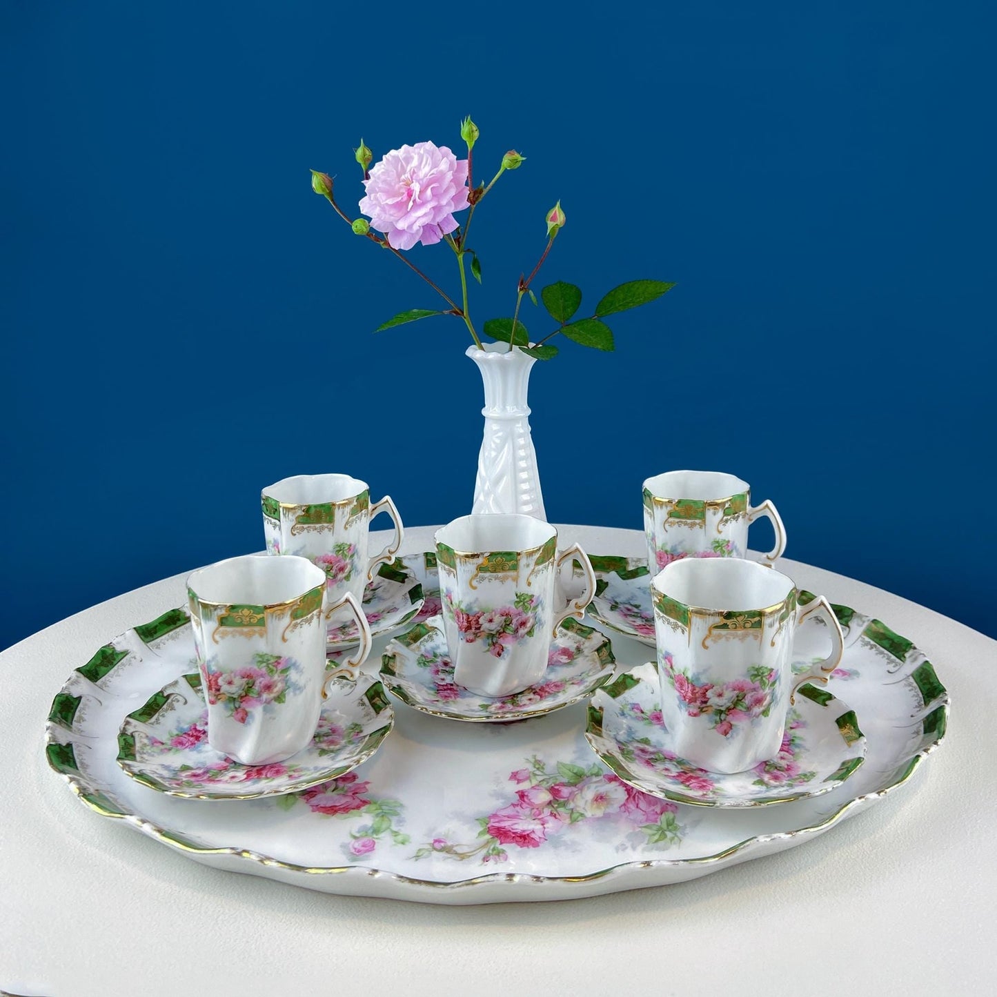 Antique Hot Chocolate or Coco Serving Set. Wild Roses Motif. Oval Hand - Painted Tray & Five Matching Cups. Anniversary Gift. Gift for Mom. - I Bought a Yard Sale