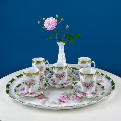 Antique Hot Chocolate or Coco Serving Set. Wild Roses Motif. Oval Hand - Painted Tray & Five Matching Cups. Anniversary Gift. Gift for Mom. - I Bought a Yard Sale