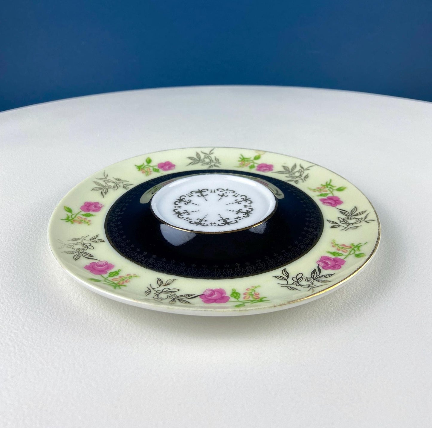 Antique Lefton Black and Gold Tea Cup and Saucer. Hand Painted Rose Motif. Dining Room Decor. Gift for Him or Her. Collectible Porcelain. - I Bought a Yard Sale