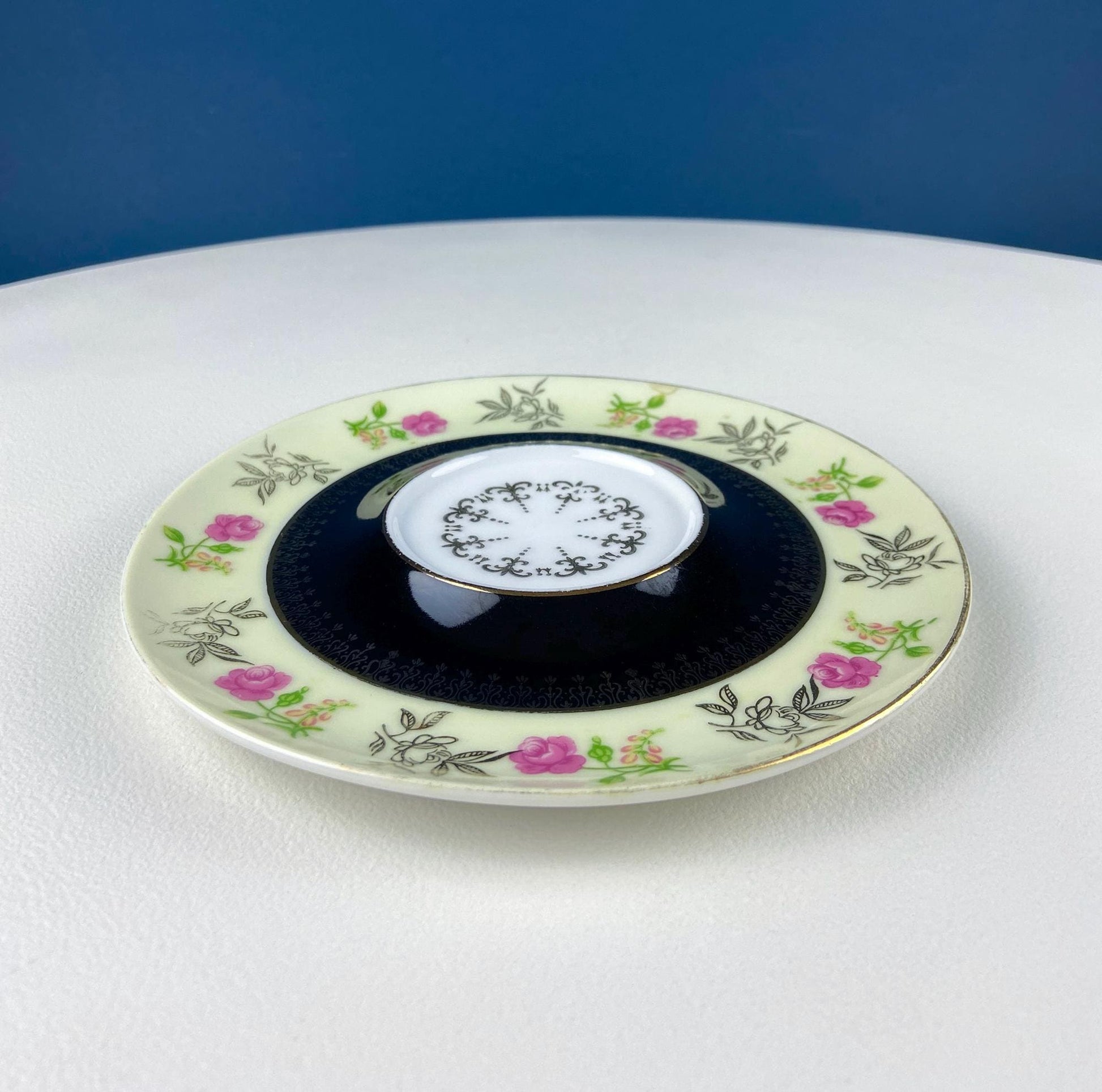 Antique Lefton Black and Gold Tea Cup and Saucer. Hand Painted Rose Motif. Dining Room Decor. Gift for Him or Her. Collectible Porcelain. - I Bought a Yard Sale