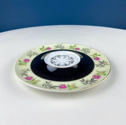 Antique Lefton Black and Gold Tea Cup and Saucer. Hand Painted Rose Motif. Dining Room Decor. Gift for Him or Her. Collectible Porcelain. - I Bought a Yard Sale