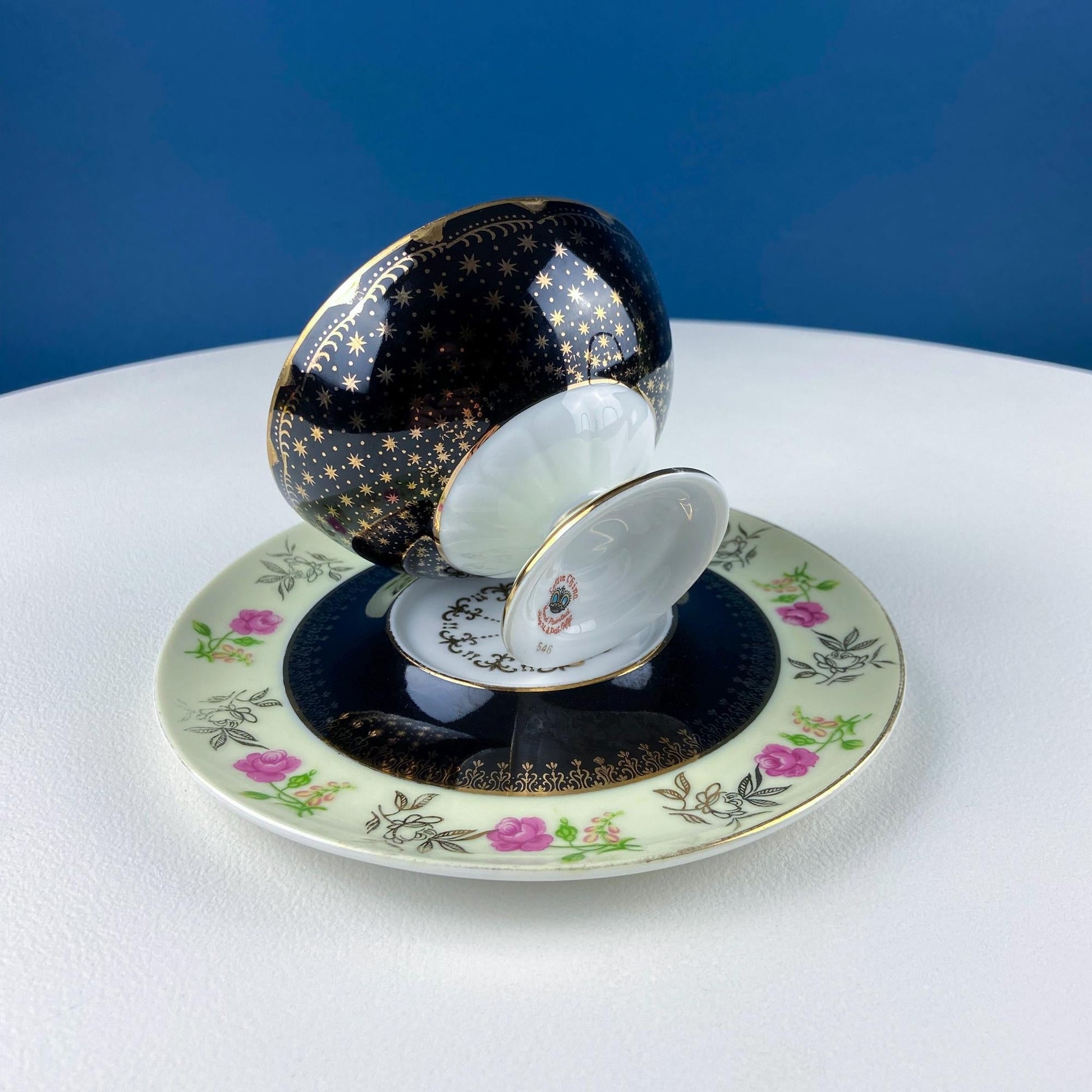 Antique Lefton Black and Gold Tea Cup and Saucer. Hand Painted Rose Motif. Dining Room Decor. Gift for Him or Her. Collectible Porcelain. - I Bought a Yard Sale