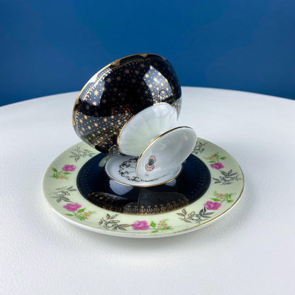 Antique Lefton Black and Gold Tea Cup and Saucer. Hand Painted Rose Motif. Dining Room Decor. Gift for Him or Her. Collectible Porcelain. - I Bought a Yard Sale