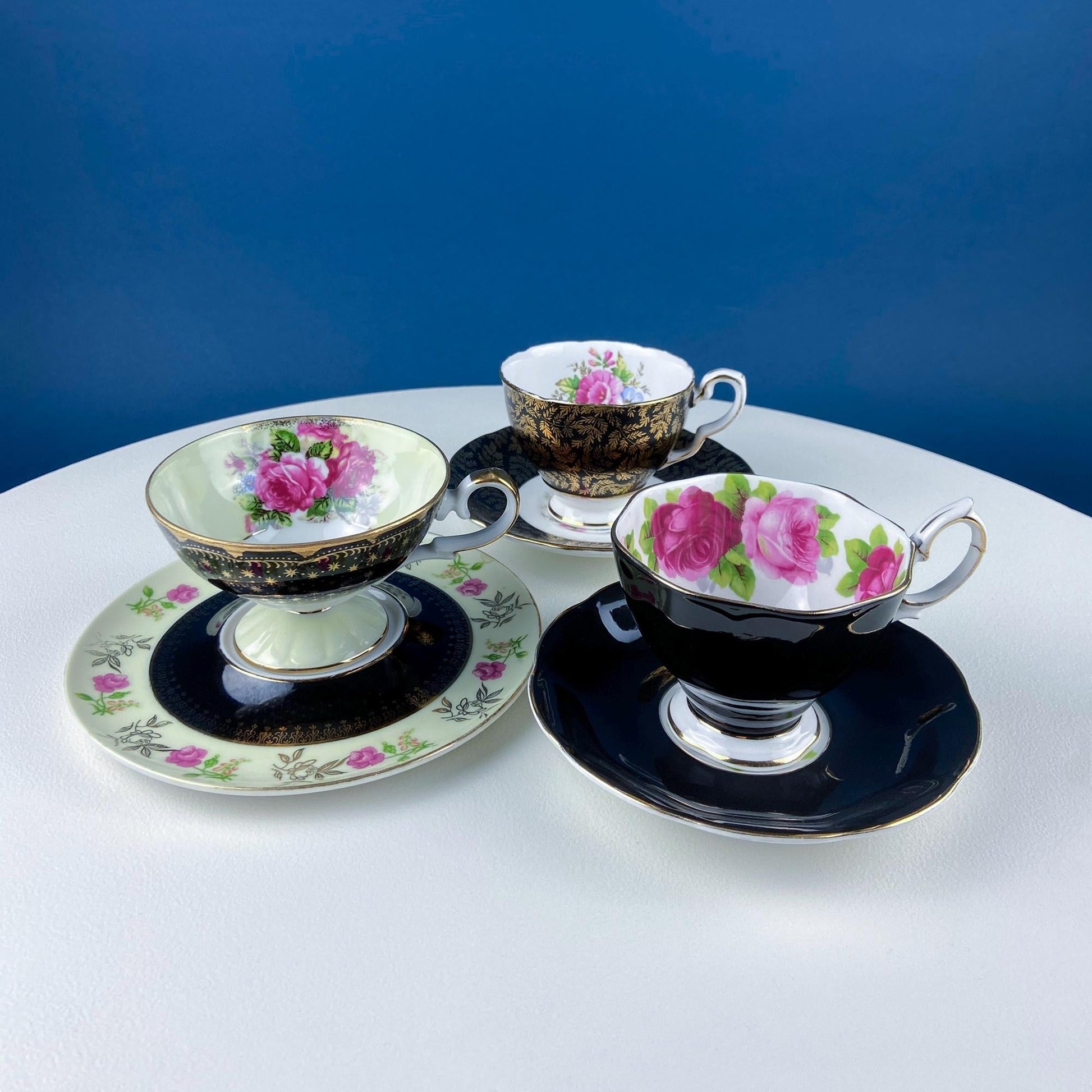 Antique Lefton Black and Gold Tea Cup and Saucer. Hand Painted Rose Motif. Dining Room Decor. Gift for Him or Her. Collectible Porcelain. - I Bought a Yard Sale