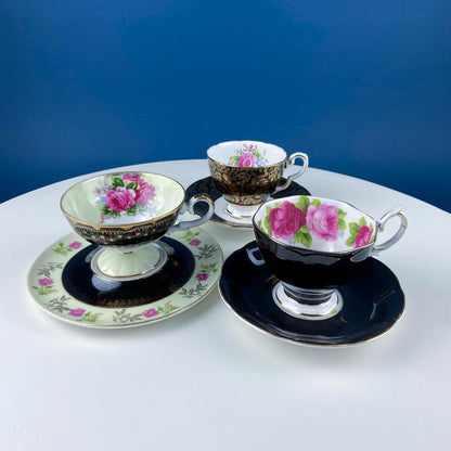 Antique Lefton Black and Gold Tea Cup and Saucer. Hand Painted Rose Motif. Dining Room Decor. Gift for Him or Her. Collectible Porcelain. - I Bought a Yard Sale