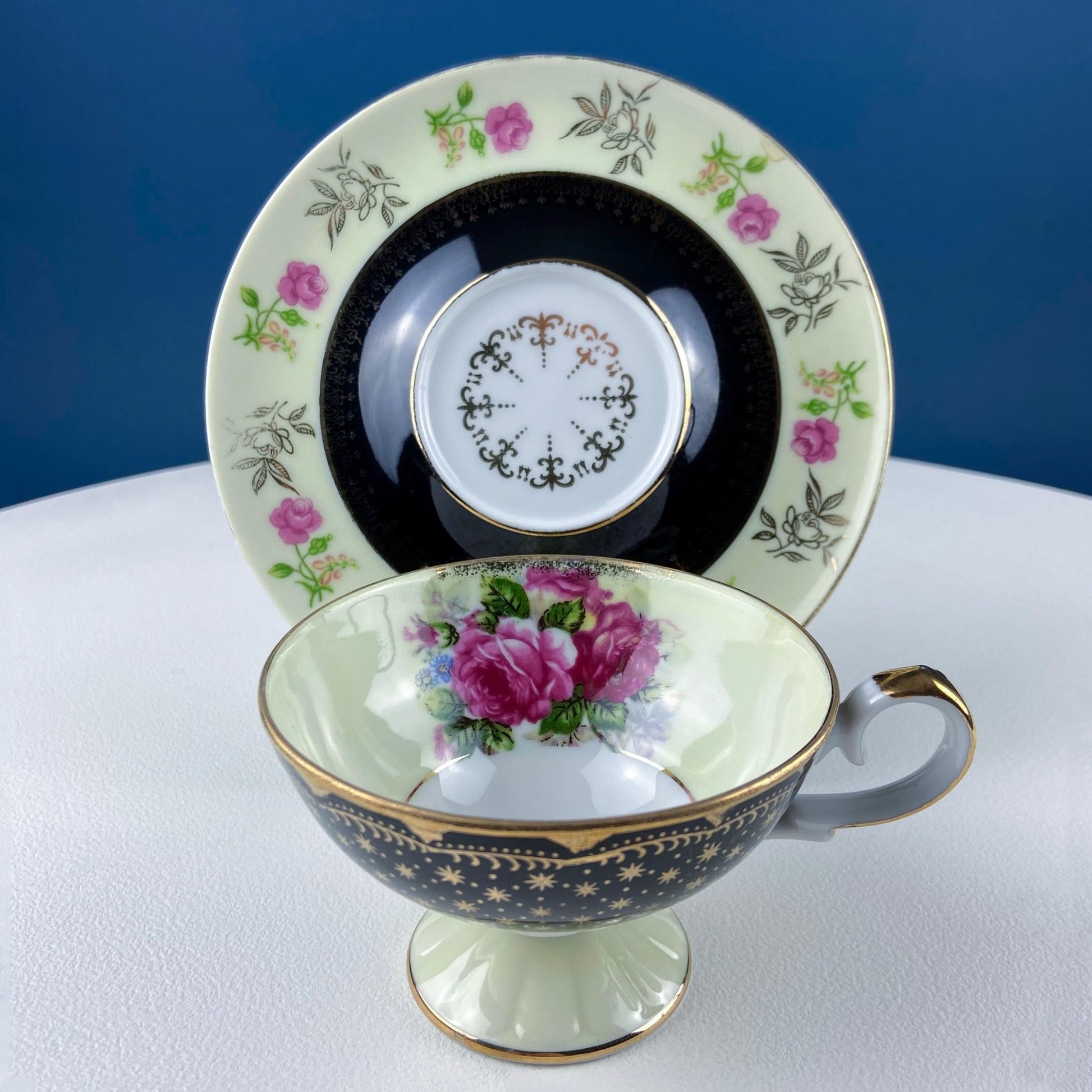 Antique Lefton Black and Gold Tea Cup and Saucer. Hand Painted Rose Motif. Dining Room Decor. Gift for Him or Her. Collectible Porcelain. - I Bought a Yard Sale