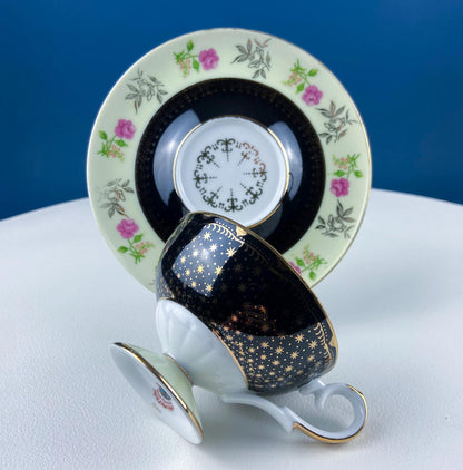Antique Lefton Black and Gold Tea Cup and Saucer. Hand Painted Rose Motif. Dining Room Decor. Gift for Him or Her. Collectible Porcelain. - I Bought a Yard Sale