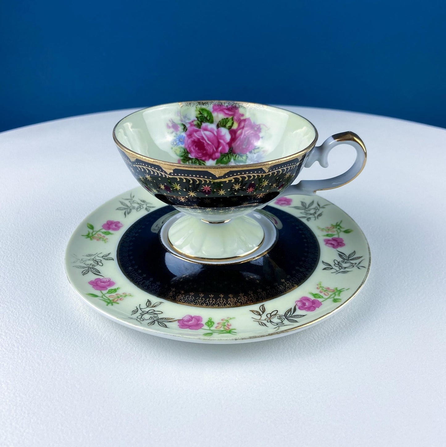 Antique Lefton Black and Gold Tea Cup and Saucer. Hand Painted Rose Motif. Dining Room Decor. Gift for Him or Her. Collectible Porcelain. - I Bought a Yard Sale