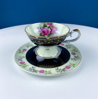 Antique Lefton Black and Gold Tea Cup and Saucer. Hand Painted Rose Motif. Dining Room Decor. Gift for Him or Her. Collectible Porcelain. - I Bought a Yard Sale