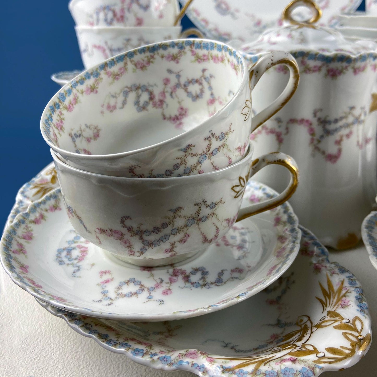 Antique Limoges Breakfast Lunch Dish Set for 8. Floral Motif: Forget - me - Nots Tea Roses. French Country Living. Dining Tea Room Decor. - I Bought a Yard Sale