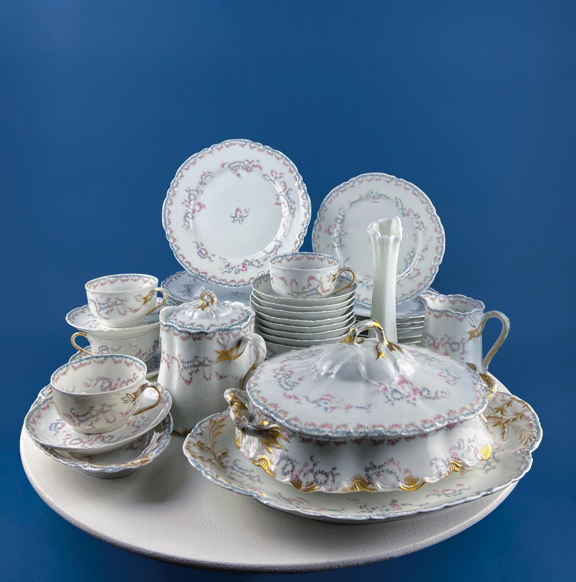 Antique Limoges Breakfast Lunch Dish Set for 8. Floral Motif: Forget - me - Nots Tea Roses. French Country Living. Dining Tea Room Decor. - I Bought a Yard Sale