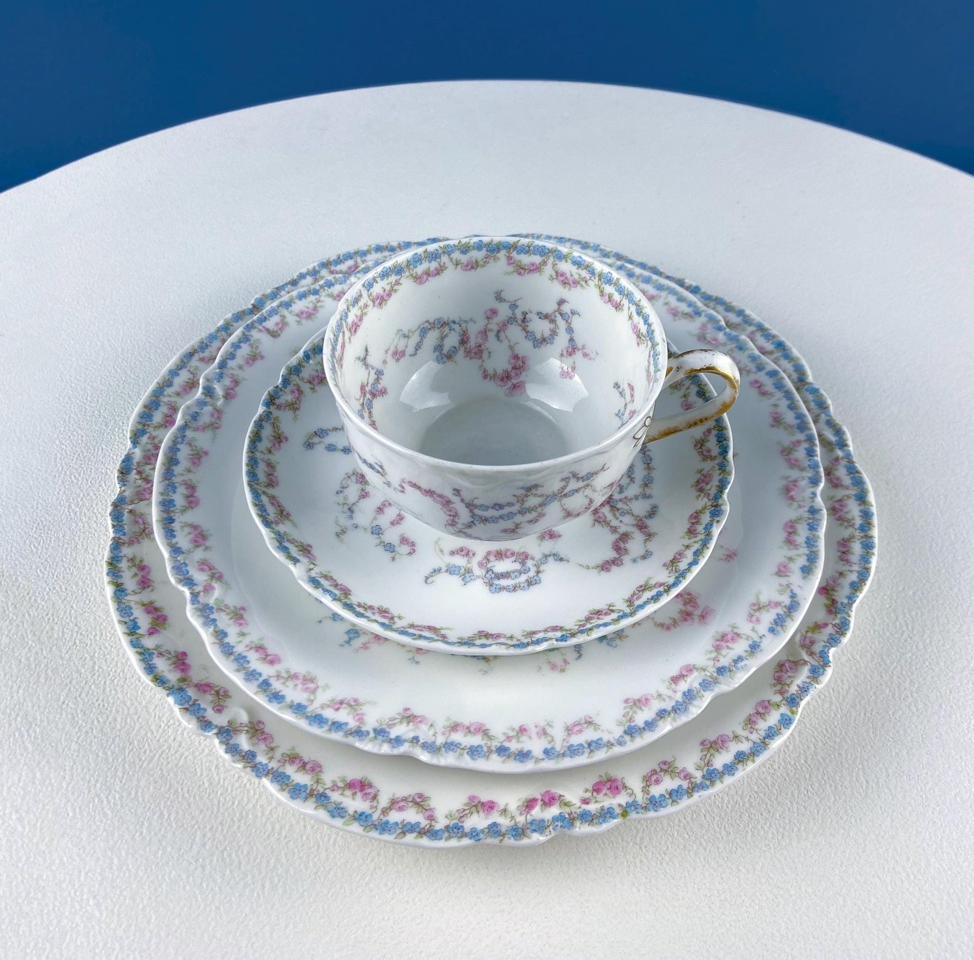 Antique Limoges Breakfast Lunch Dish Set for 8. Floral Motif: Forget - me - Nots Tea Roses. French Country Living. Dining Tea Room Decor. - I Bought a Yard Sale