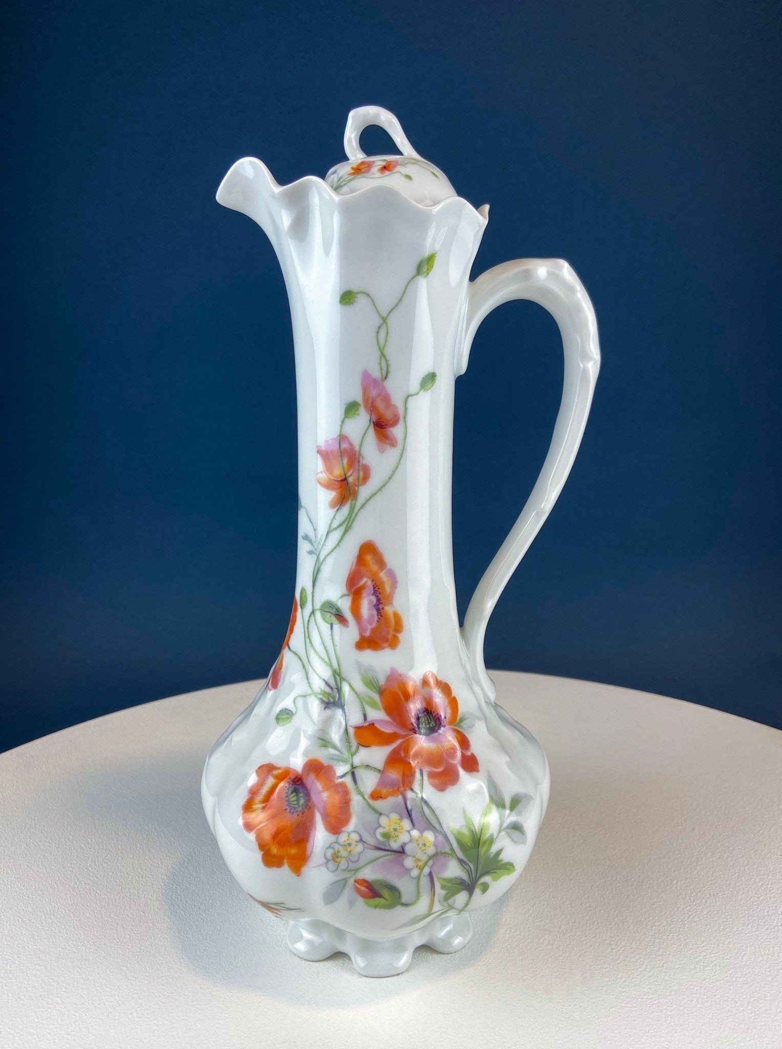 Antique Limoges Coffee Pot or TeaPot. Tall 12 - Inch Stunning Vase. Hand - Painted Red Poppies. Beautiful Silhouette. Bohemian Chic. - I Bought a Yard Sale