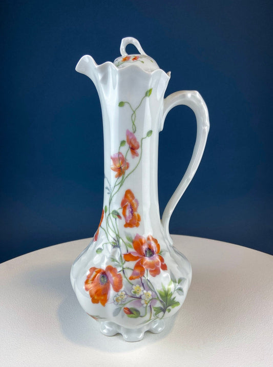 Antique Limoges Coffee Pot or TeaPot. Tall 12 - Inch Stunning Vase. Hand - Painted Red Poppies. Beautiful Silhouette. Bohemian Chic. - I Bought a Yard Sale
