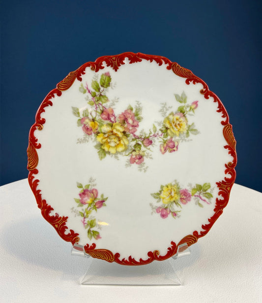 Antique Limoges Plate: Floral Roses, Indian Red Scalloped Rim - I Bought a Yard Sale