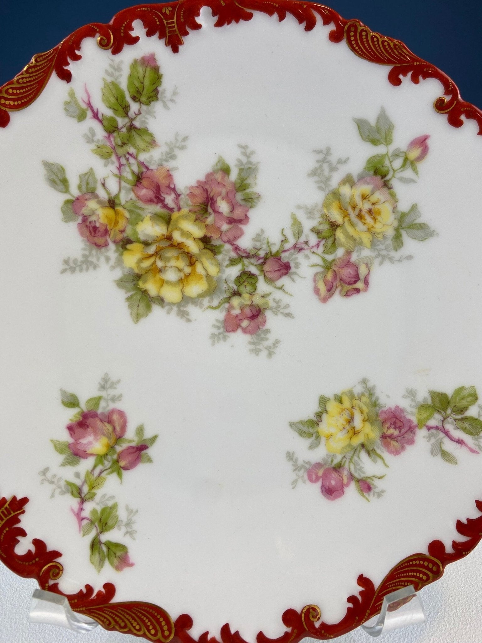 Antique Limoges Plate: Floral Roses, Indian Red Scalloped Rim - I Bought a Yard Sale