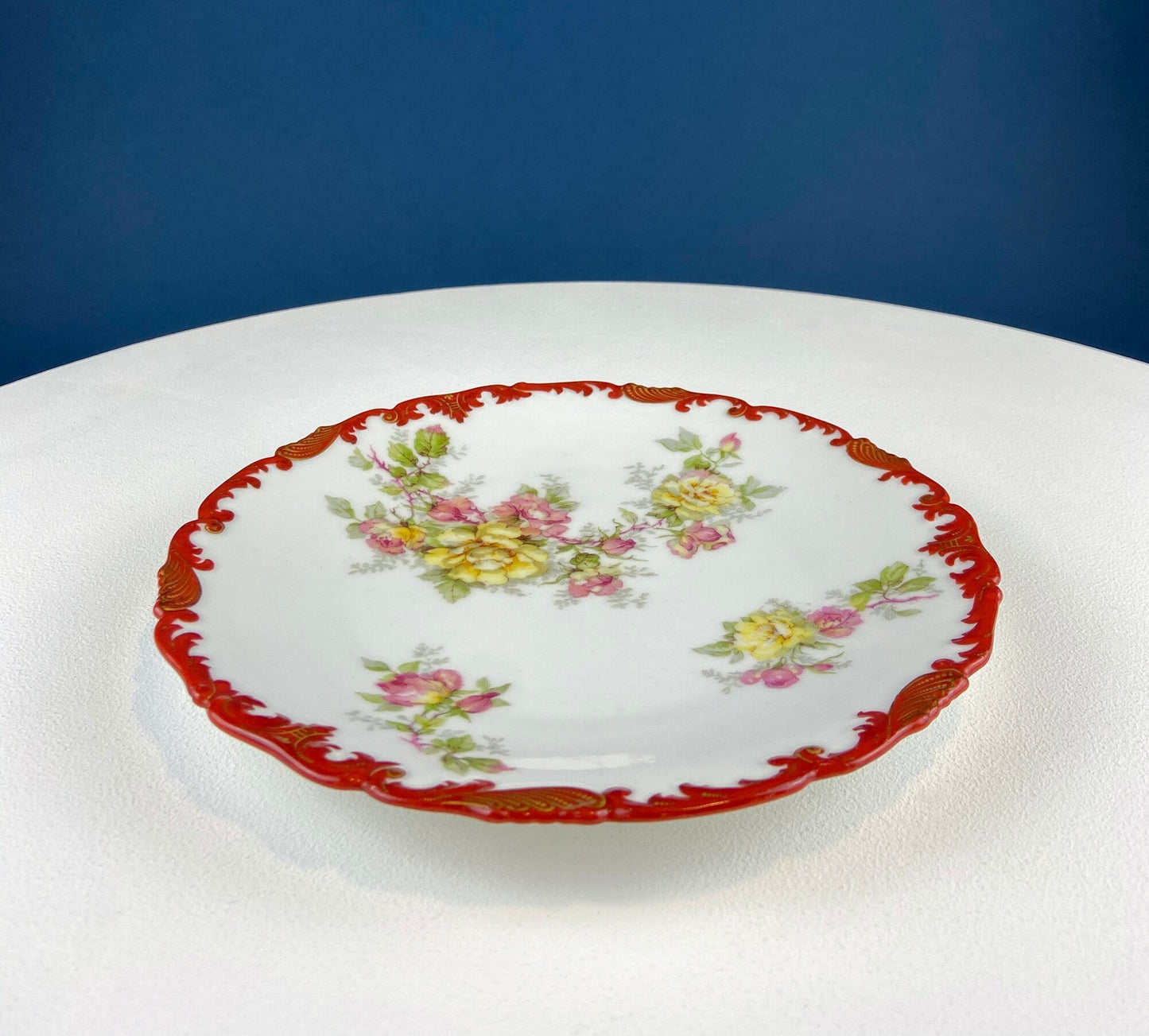 Antique Limoges Plate: Floral Roses, Indian Red Scalloped Rim - I Bought a Yard Sale