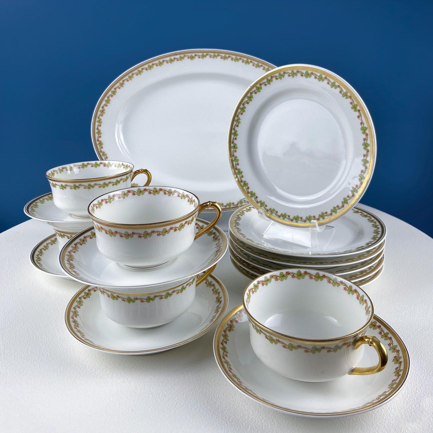Antique Limoges Porcelain Tea Set with Clover Trim. Set of Six Dessert Plates, 5 Cups and Saucers, & Oval Serving Platter. Haviland France. - I Bought a Yard Sale