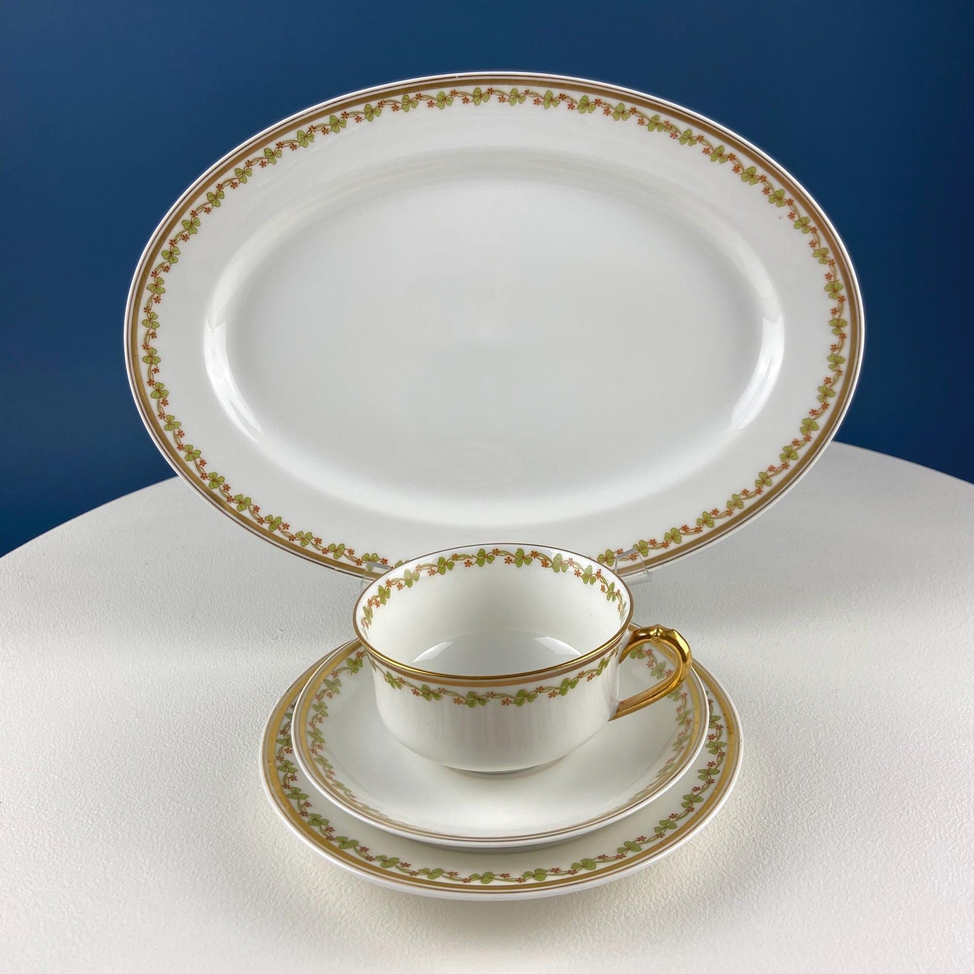 Antique Limoges Porcelain Tea Set with Clover Trim. Set of Six Dessert Plates, 5 Cups and Saucers, & Oval Serving Platter. Haviland France. - I Bought a Yard Sale