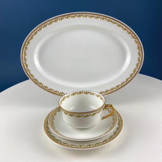 Antique Limoges Porcelain Tea Set with Clover Trim. Set of Six Dessert Plates, 5 Cups and Saucers, & Oval Serving Platter. Haviland France. - I Bought a Yard Sale