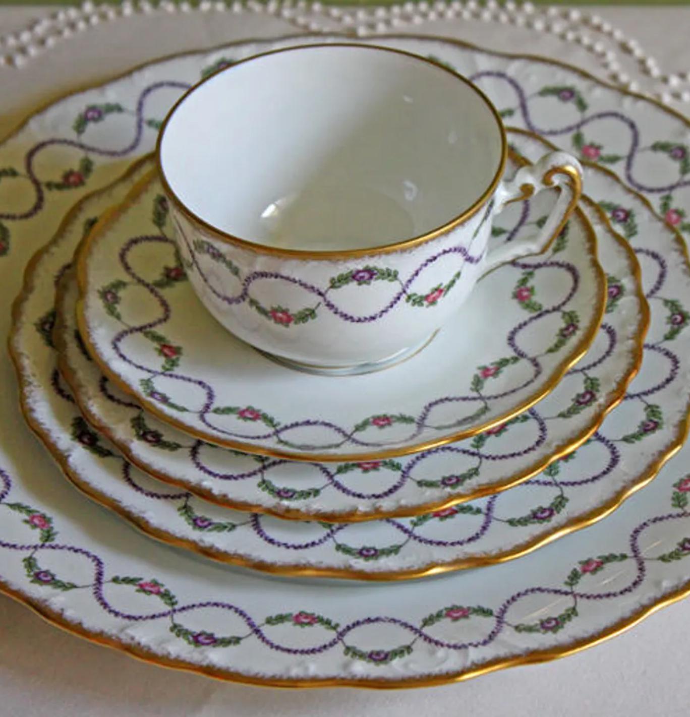 Antique Limoges Porcelain Tea Set with Clover Trim. Set of Six Dessert Plates, 5 Cups and Saucers, & Oval Serving Platter. Haviland France. - I Bought a Yard Sale