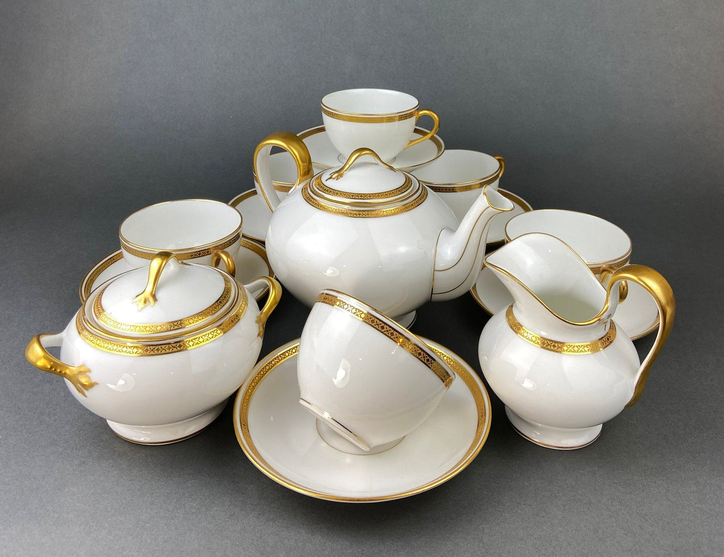 Antique Limoges Porcelain Tea Set with Clover Trim. Set of Six Dessert Plates, 5 Cups and Saucers, & Oval Serving Platter. Haviland France. - I Bought a Yard Sale