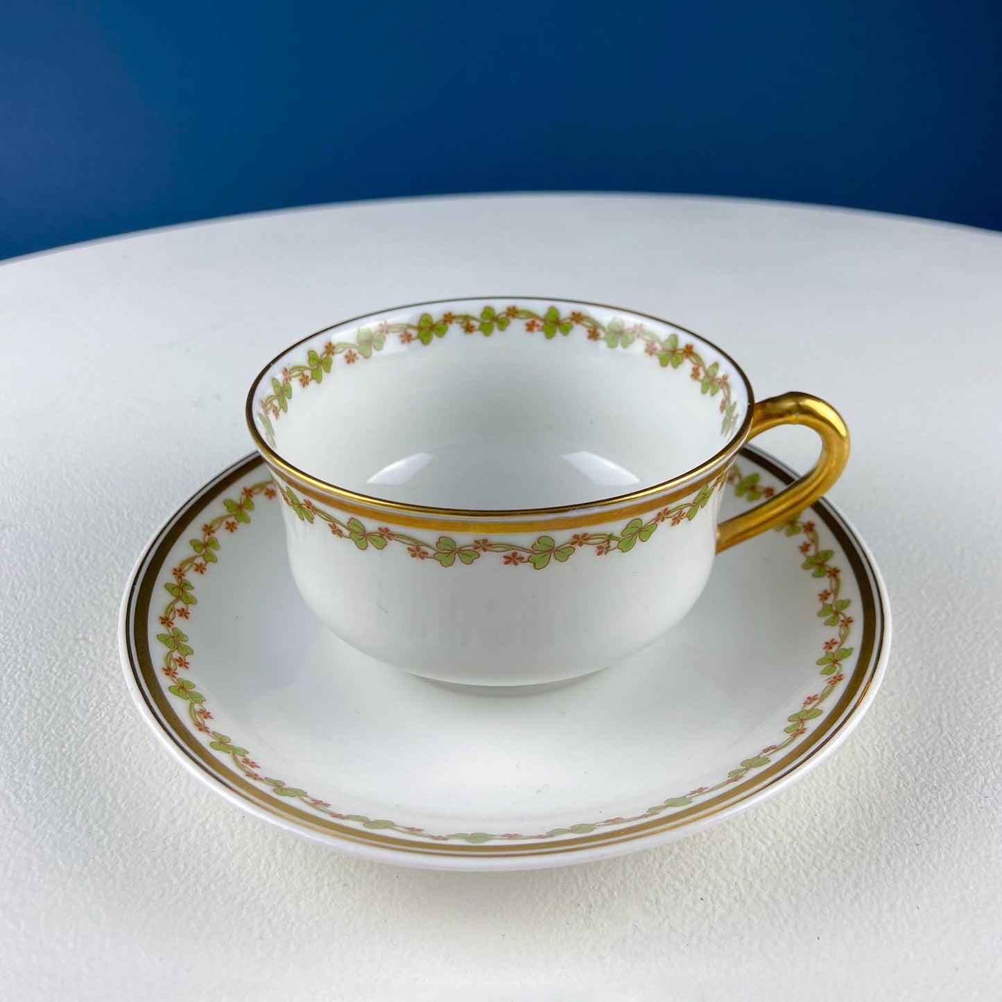 Antique Limoges Porcelain Tea Set with Clover Trim. Set of Six Dessert Plates, 5 Cups and Saucers, & Oval Serving Platter. Haviland France. - I Bought a Yard Sale