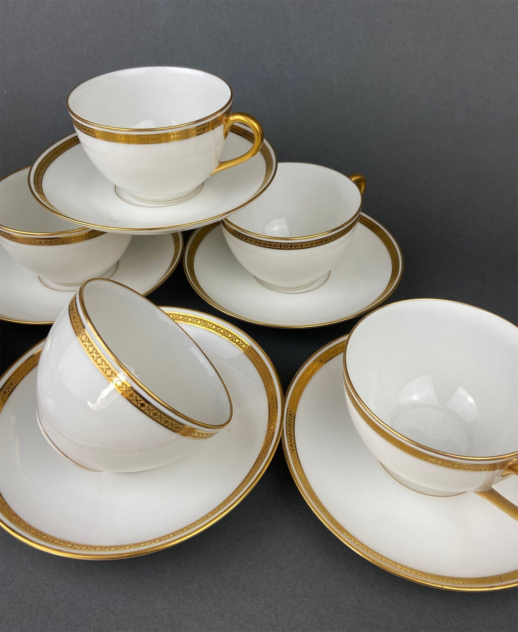 Antique Limoges Porcelain Tea Set with Clover Trim. Set of Six Dessert Plates, 5 Cups and Saucers, & Oval Serving Platter. Haviland France. - I Bought a Yard Sale