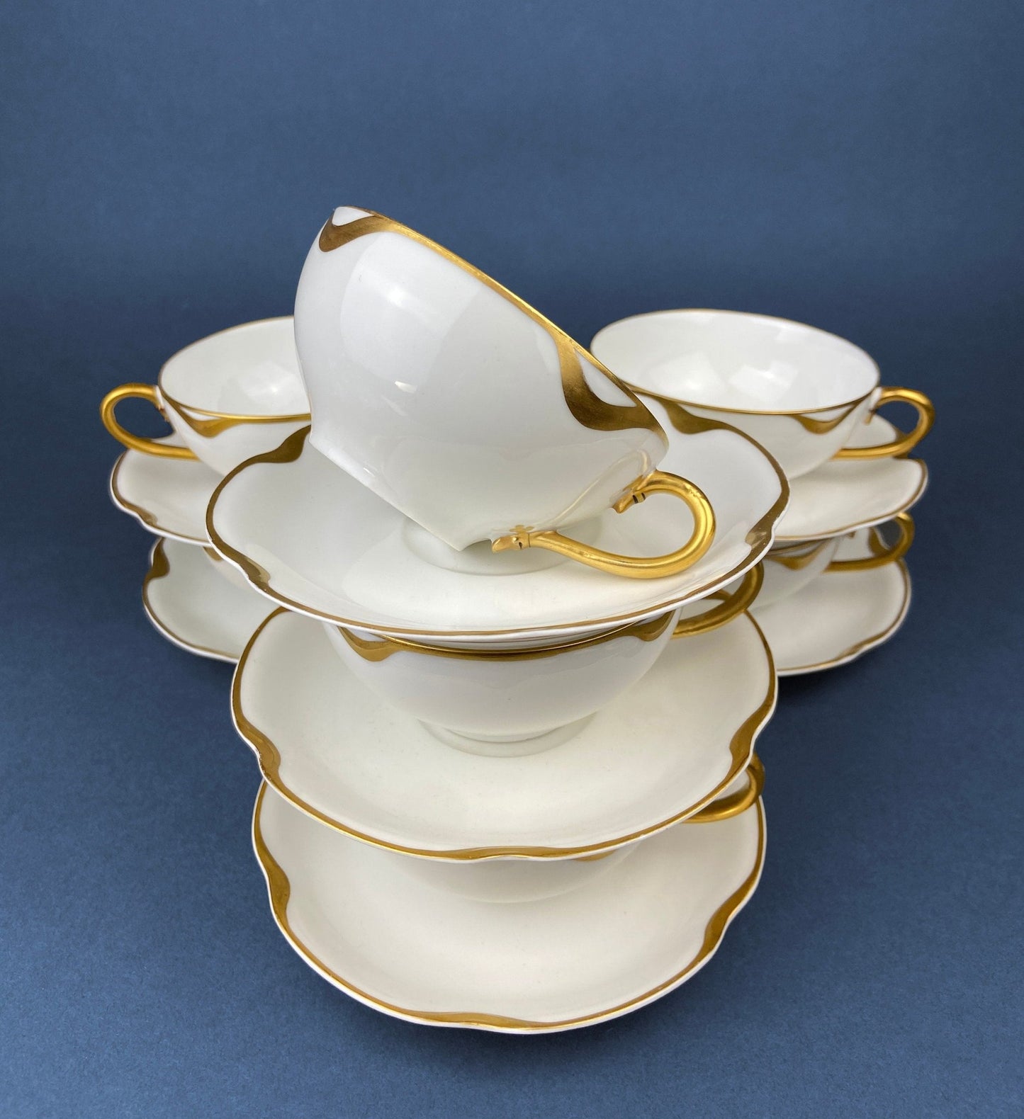 Antique Limoges Porcelain Tea Set/Trio. Tea Cup, Saucer and Salad Plate. White China with Scalloped Gold Rim, Theodore Haviland, France. - I Bought a Yard Sale