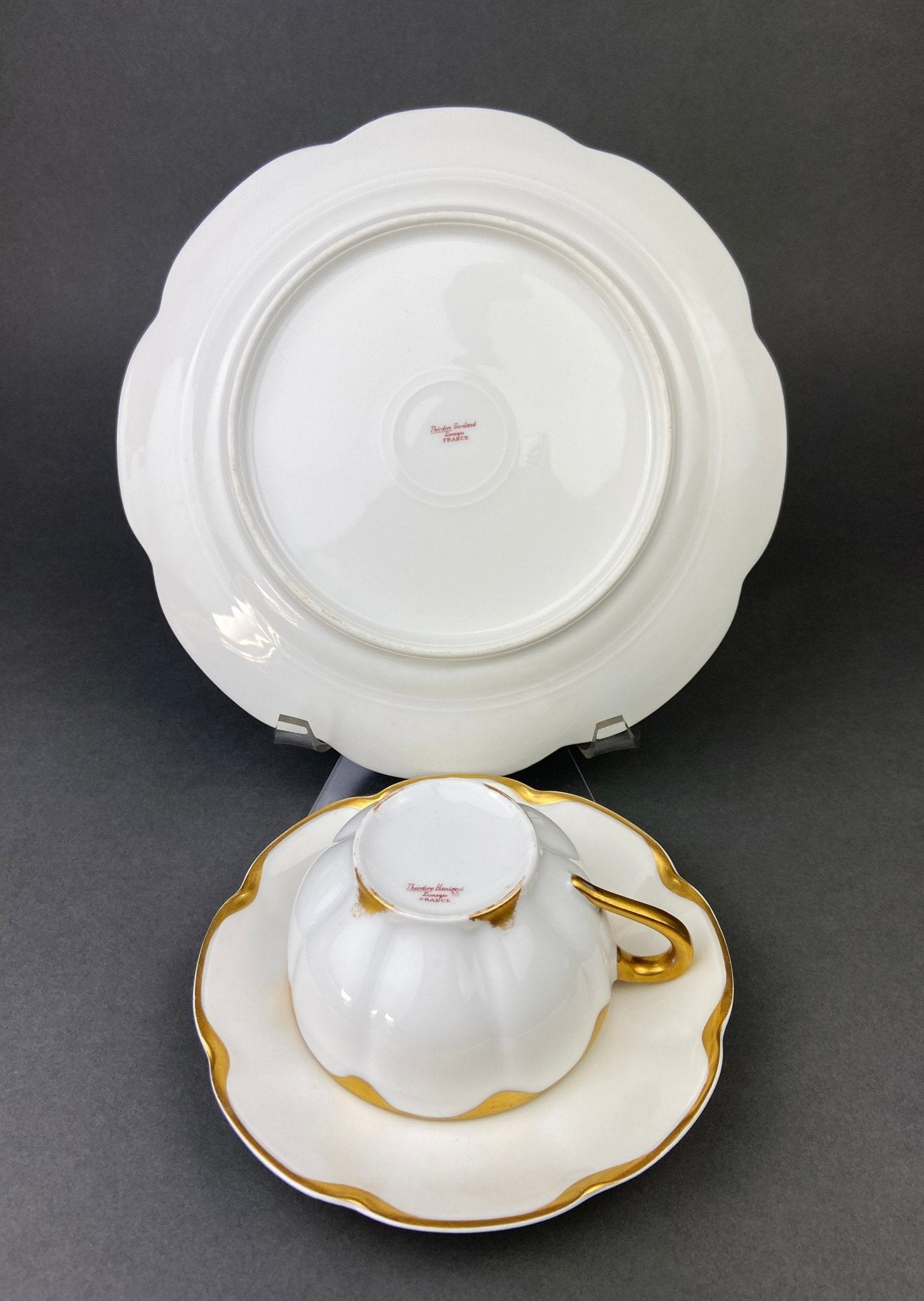 Antique Limoges Porcelain Tea Set/Trio. Tea Cup, Saucer and Salad Plate. White China with Scalloped Gold Rim, Theodore Haviland, France. - I Bought a Yard Sale