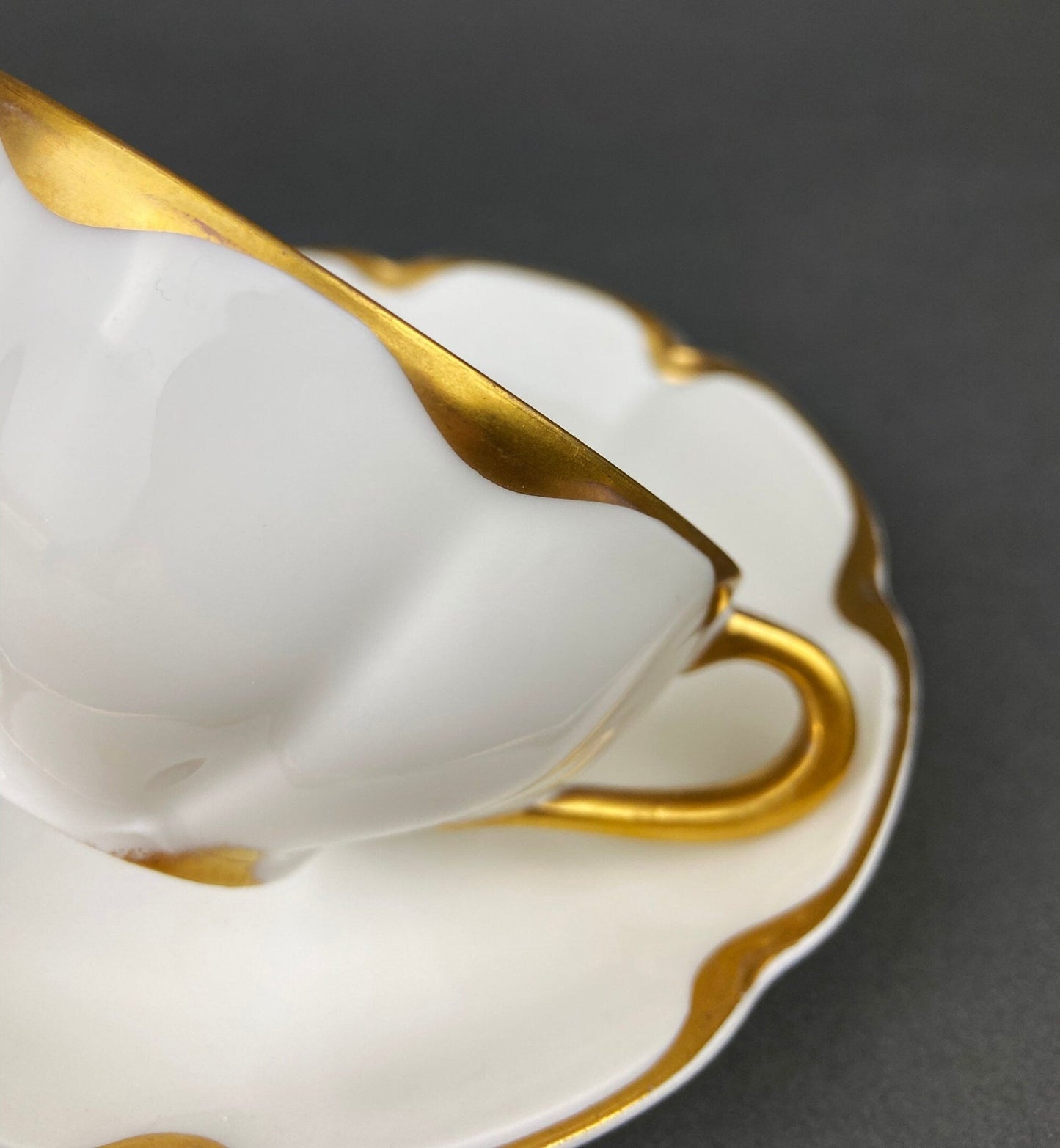 Antique Limoges Porcelain Tea Set/Trio. Tea Cup, Saucer and Salad Plate. White China with Scalloped Gold Rim, Theodore Haviland, France. - I Bought a Yard Sale