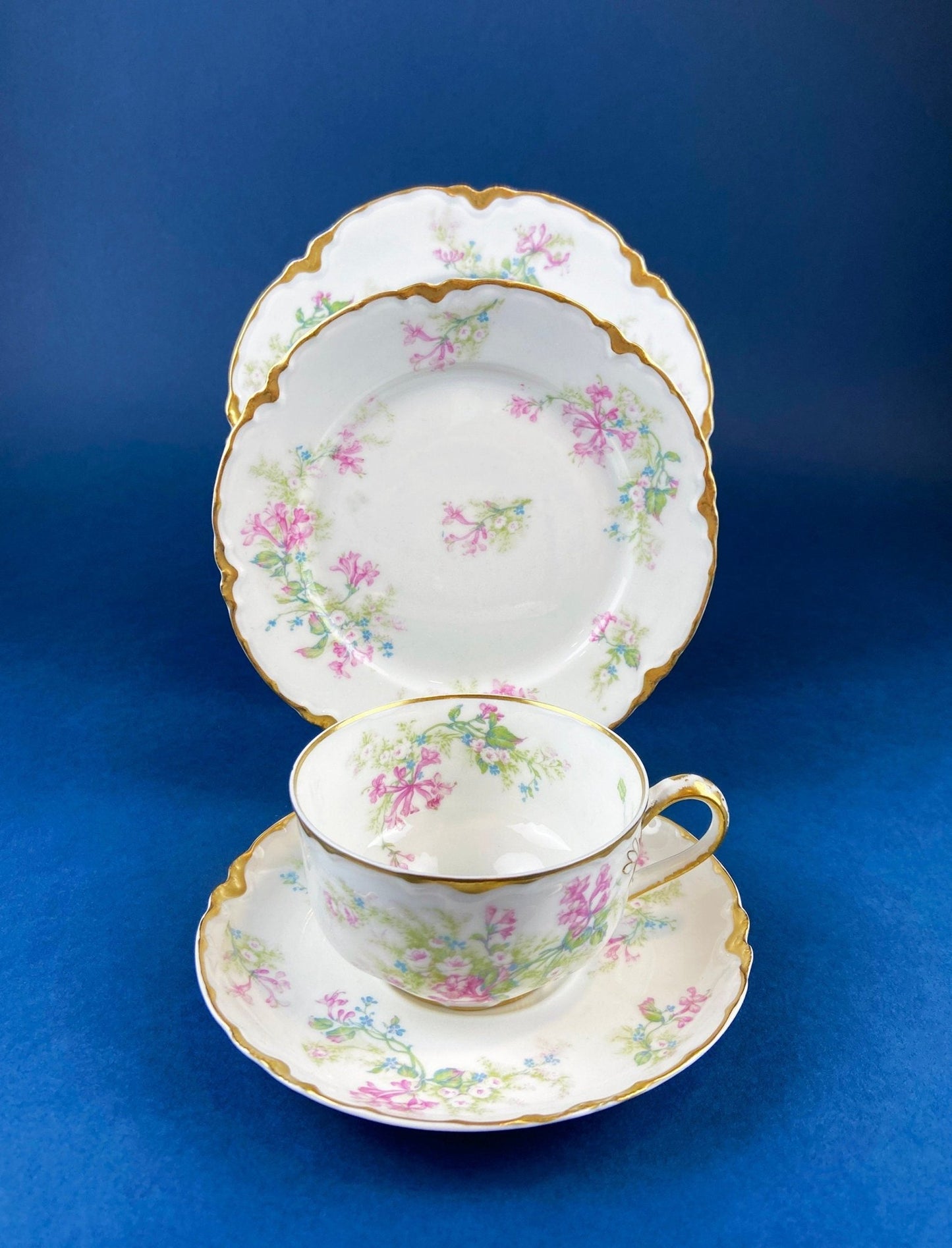 Antique Limoges Trio Tea Set. Floral Motif: Forget - me - nots, Honey Suckle, Roses. Rare Find. French Country Living. Luxurious Dining. - I Bought a Yard Sale