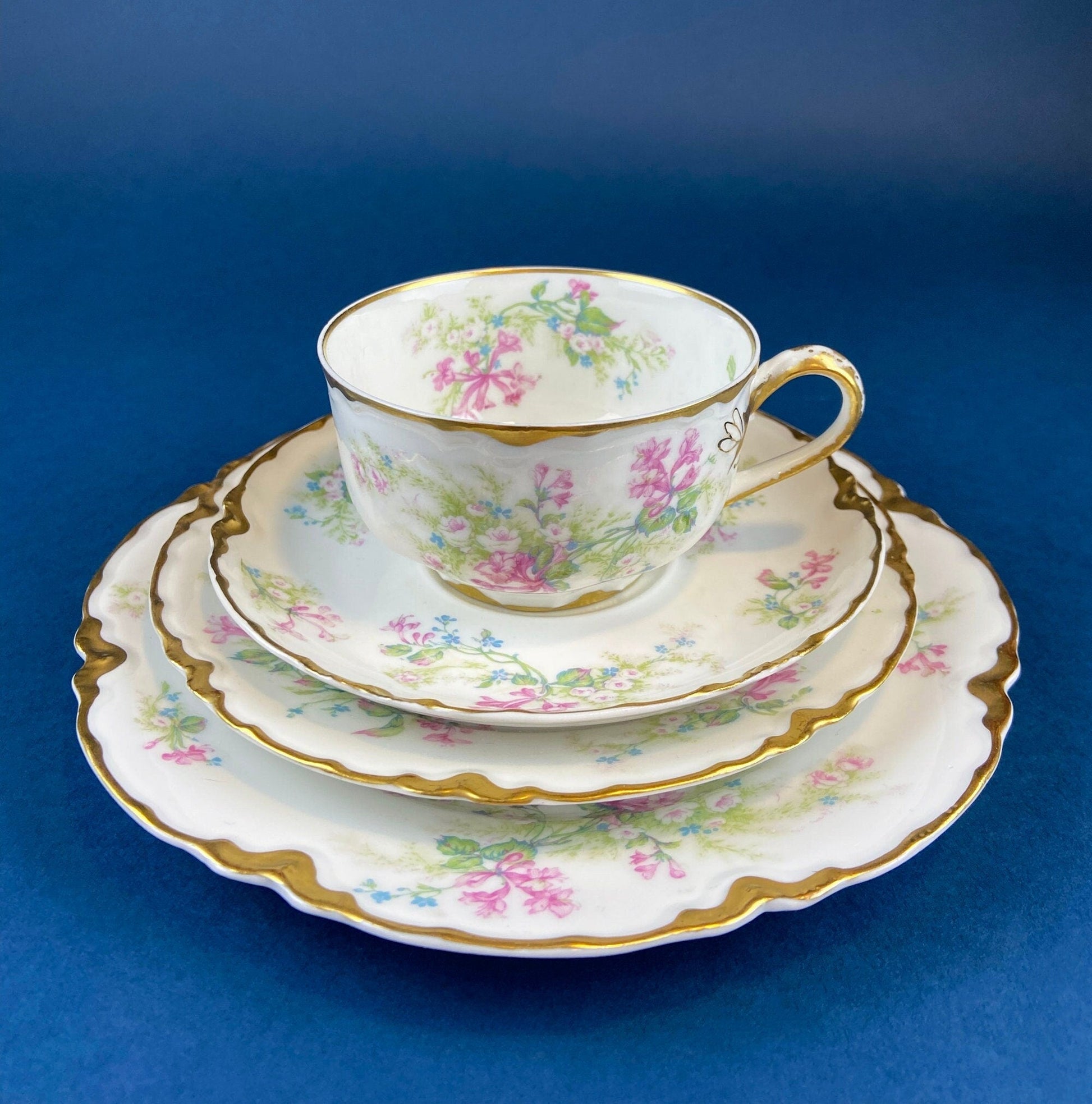Antique Limoges Trio Tea Set. Floral Motif: Forget - me - nots, Honey Suckle, Roses. Rare Find. French Country Living. Luxurious Dining. - I Bought a Yard Sale