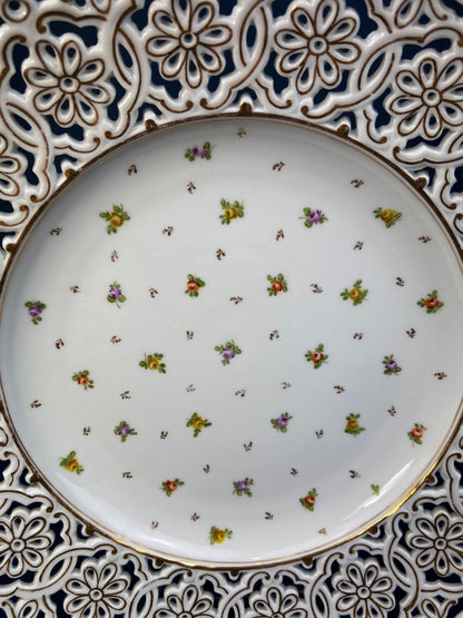 Antique Meissen Plate: Reticulated Hand - Painted Tea Rose Serving Platter - I Bought a Yard Sale