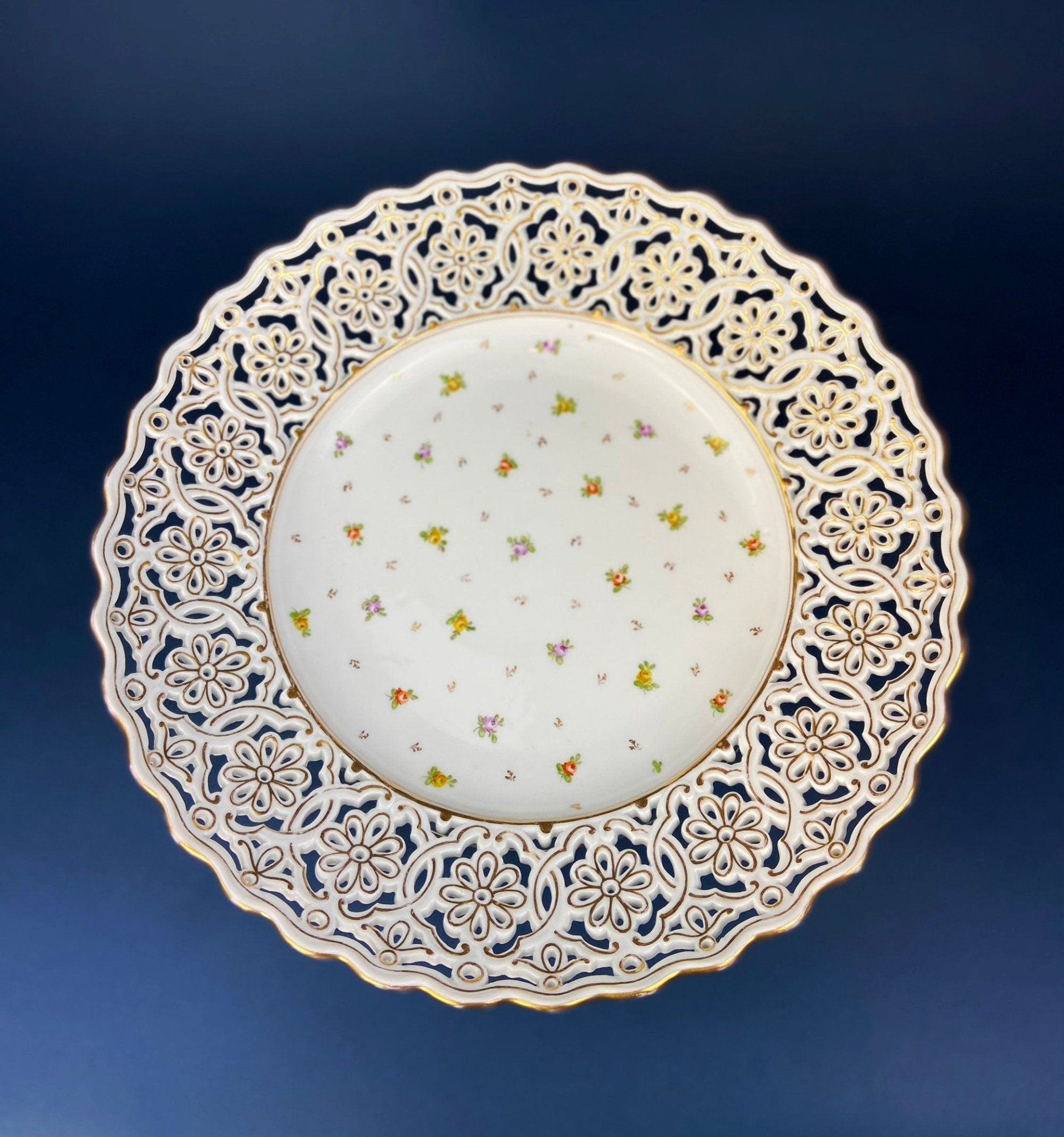 Antique Meissen Plate: Reticulated Hand - Painted Tea Rose Serving Platter - I Bought a Yard Sale