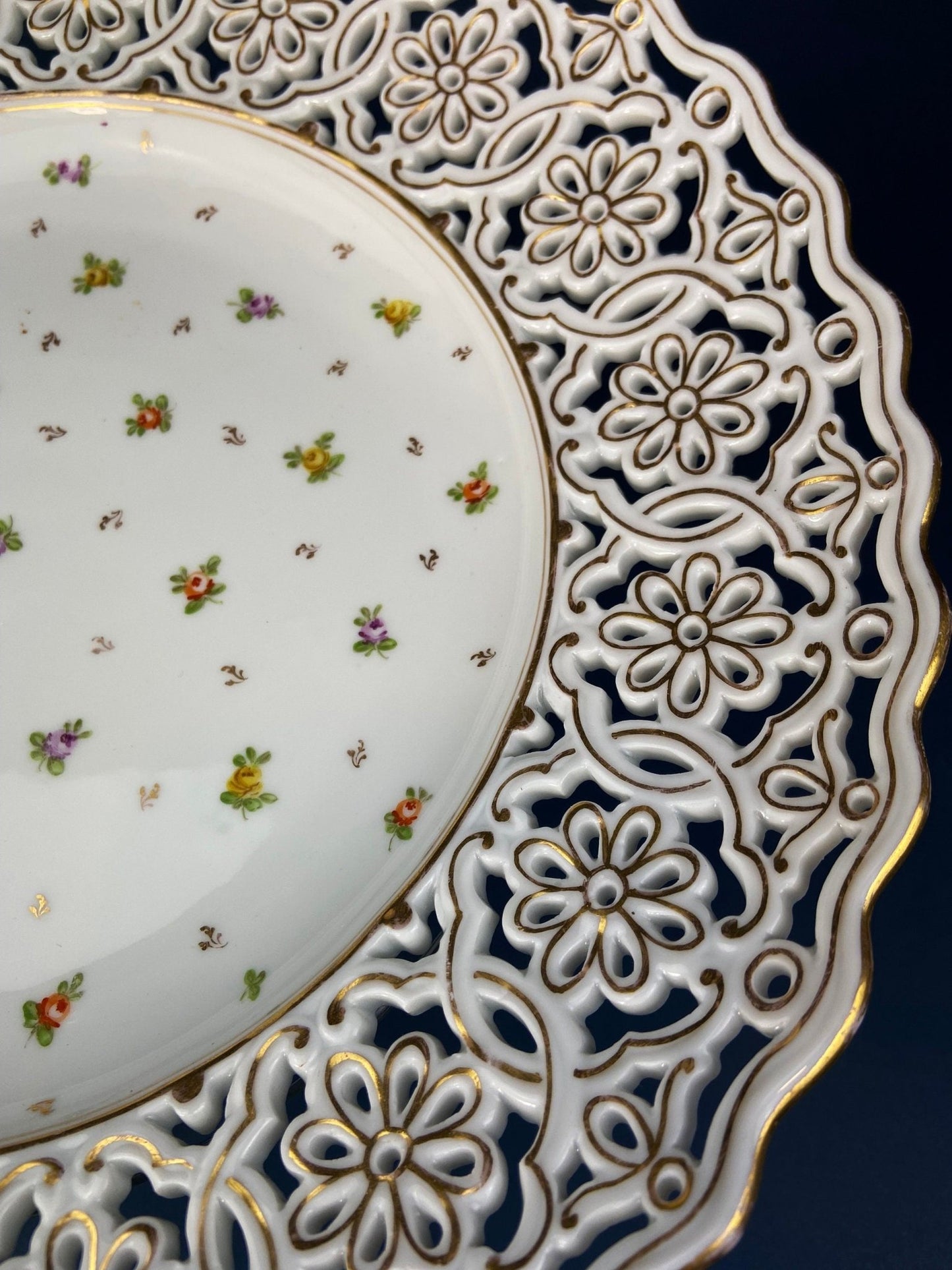 Antique Meissen Plate: Reticulated Hand - Painted Tea Rose Serving Platter - I Bought a Yard Sale