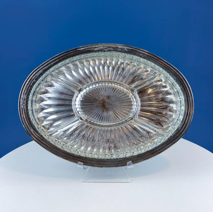 Antique Oval Silver & Glass Serving Platter. Godinger Silver Art. Fluted Glass with Etched Reticulated Silver Tray. Hosting Essential. - I Bought a Yard Sale