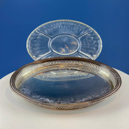 Antique Oval Silver & Glass Serving Platter. Godinger Silver Art. Fluted Glass with Etched Reticulated Silver Tray. Hosting Essential. - I Bought a Yard Sale